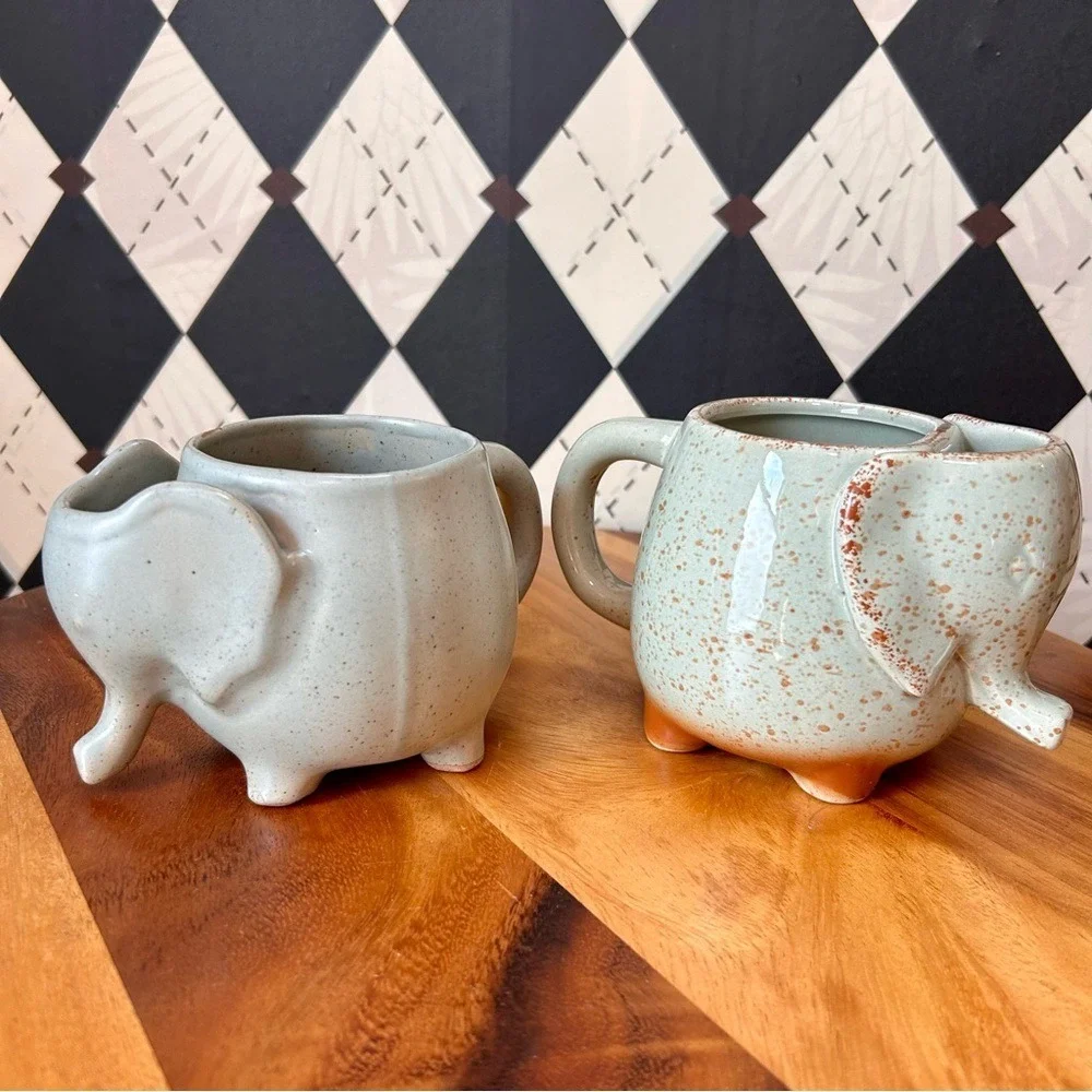 Elephant Ceramic Mugs Pair Pottery Cups with Tea Bag Holder‎ Pocket